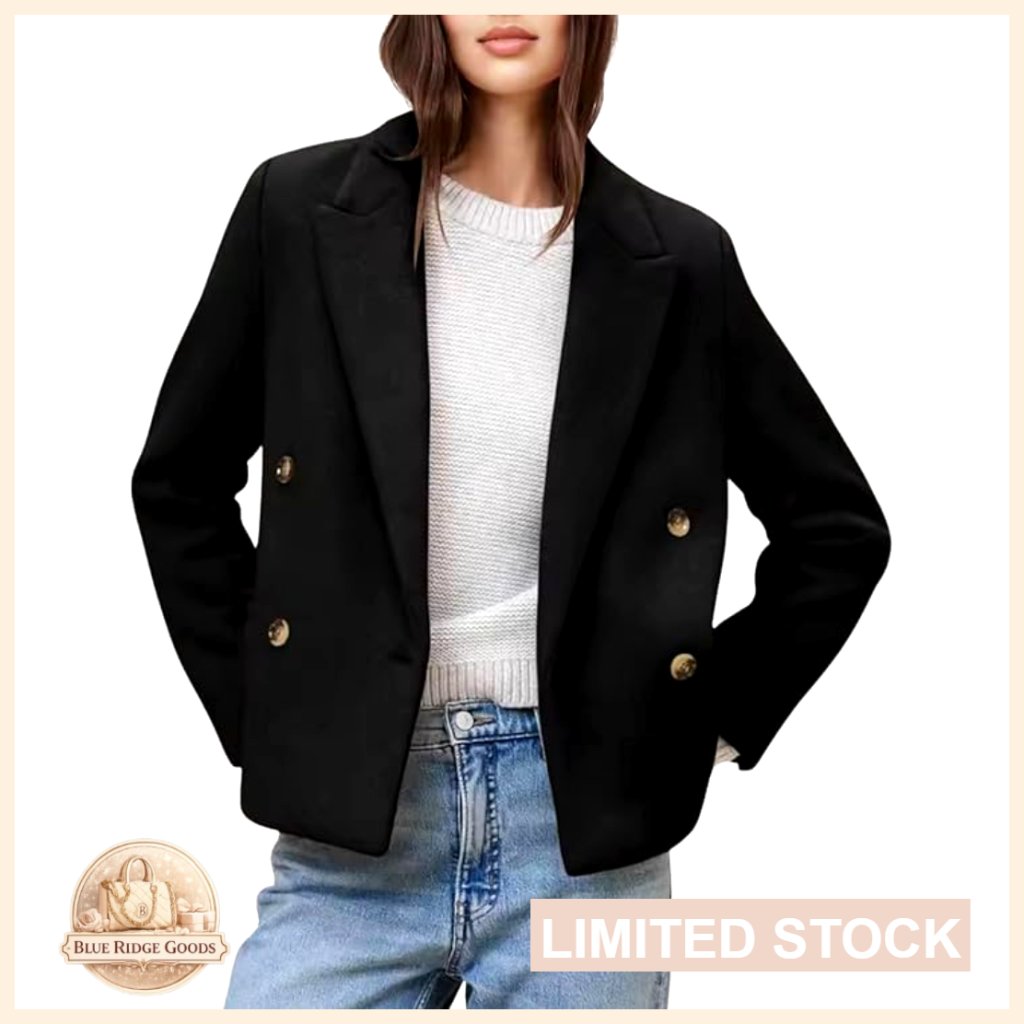 Wool Blend Pea Coat Double Breasted Notched Lapel Chic Tailored Blazer Overcoat